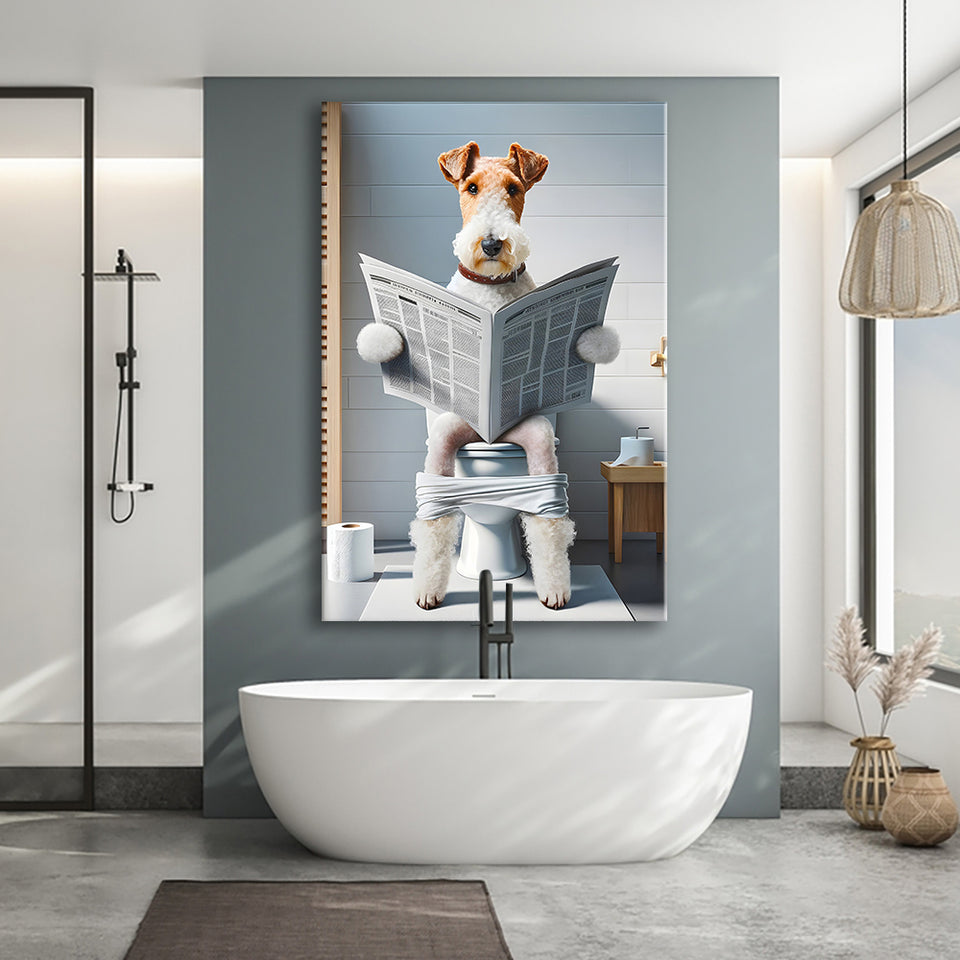 Wire Fox Terrier Canvas Prints Wall Art, Funny Bathroom Decor, Terrier in Toilet