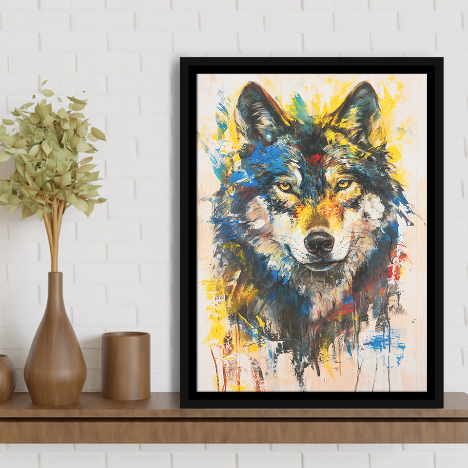 Wolf Painting Art Portrait Mixed Painting Color, Framed Canvas Prints Wall Art Decor, Floarting Frame Painting Canvas Art