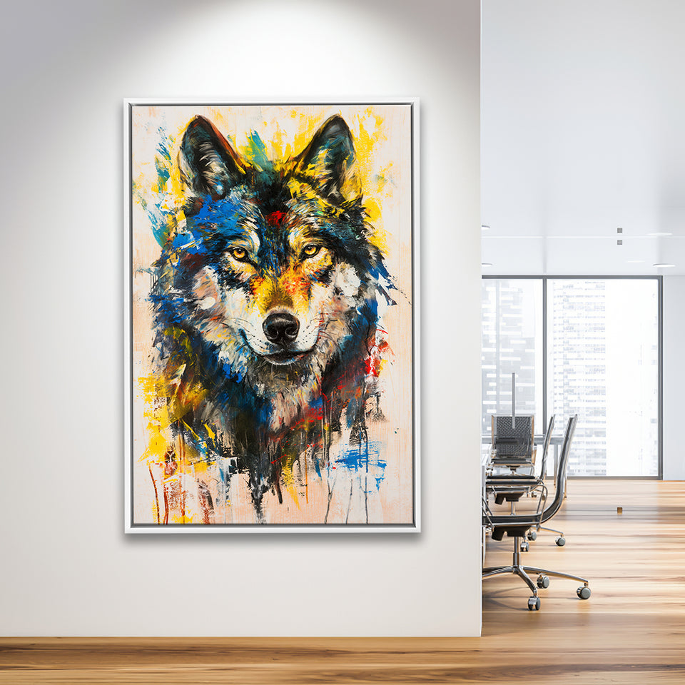 Wolf Painting Art Portrait Mixed Painting Color, Framed Canvas Prints Wall Art Decor, Floarting Frame Painting Canvas Art