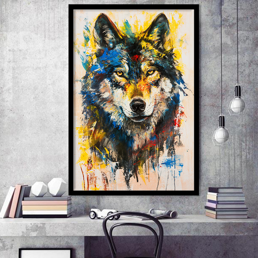 Wolf Painting Art Portrait Mixed Painting Color, Framed Art Prints Wall Decor, Picture Framed Painting