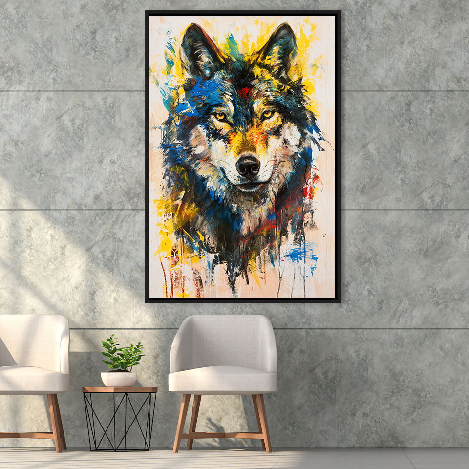 Wolf Painting Art Portrait Mixed Painting Color, Framed Canvas Prints Wall Art Decor, Floarting Frame Painting Canvas Art