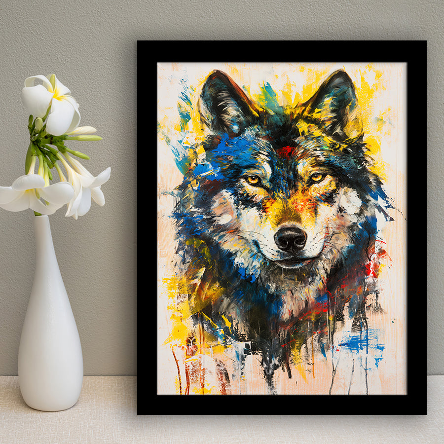 Wolf Painting Art Portrait Mixed Painting Color, Framed Art Prints Wall Decor, Picture Framed Painting