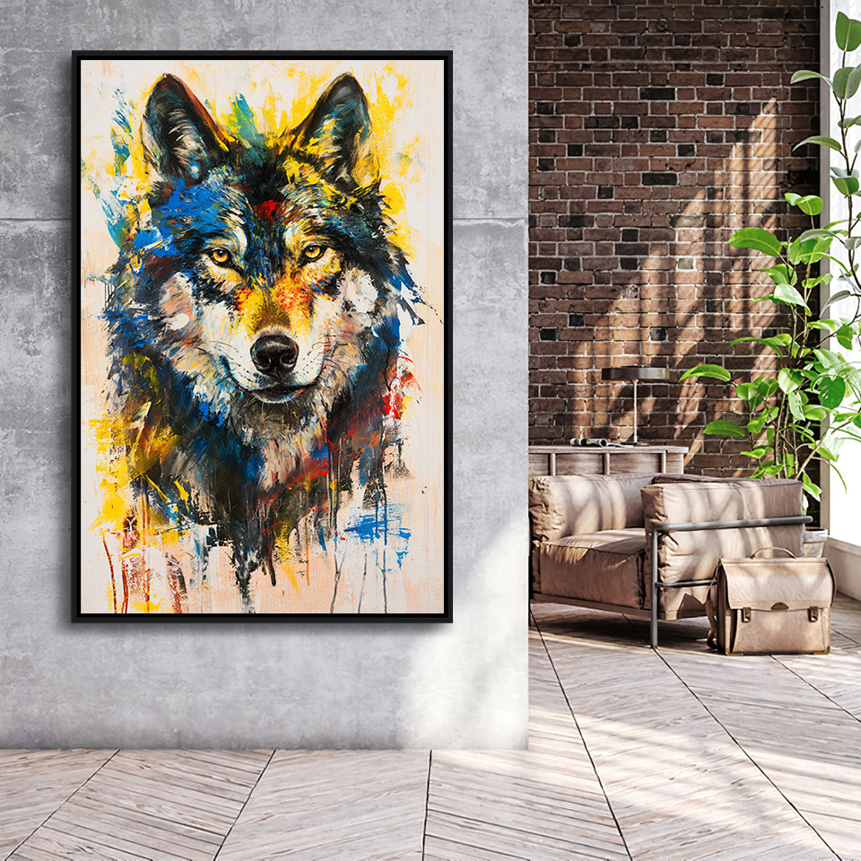 Wolf Painting Art Portrait Mixed Painting Color, Framed Canvas Prints Wall Art Decor, Floarting Frame Painting Canvas Art