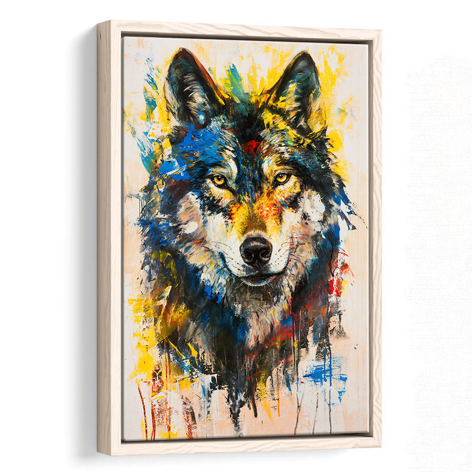 Wolf Painting Art Portrait Mixed Painting Color, Framed Canvas Prints Wall Art Decor, Floarting Frame Painting Canvas Art