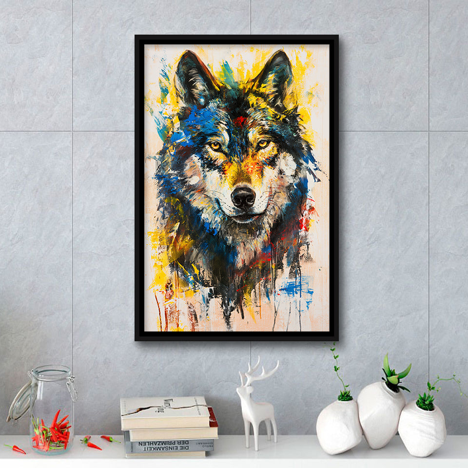 Wolf Painting Art Portrait Mixed Painting Color, Framed Canvas Prints Wall Art Decor, Floarting Frame Painting Canvas Art