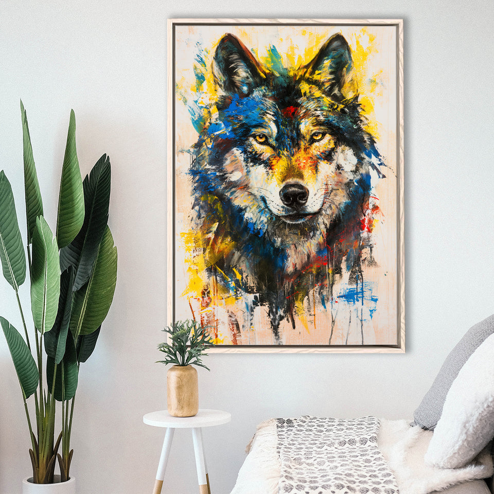 Wolf Painting Art Portrait Mixed Painting Color, Framed Canvas Prints Wall Art Decor, Floarting Frame Painting Canvas Art