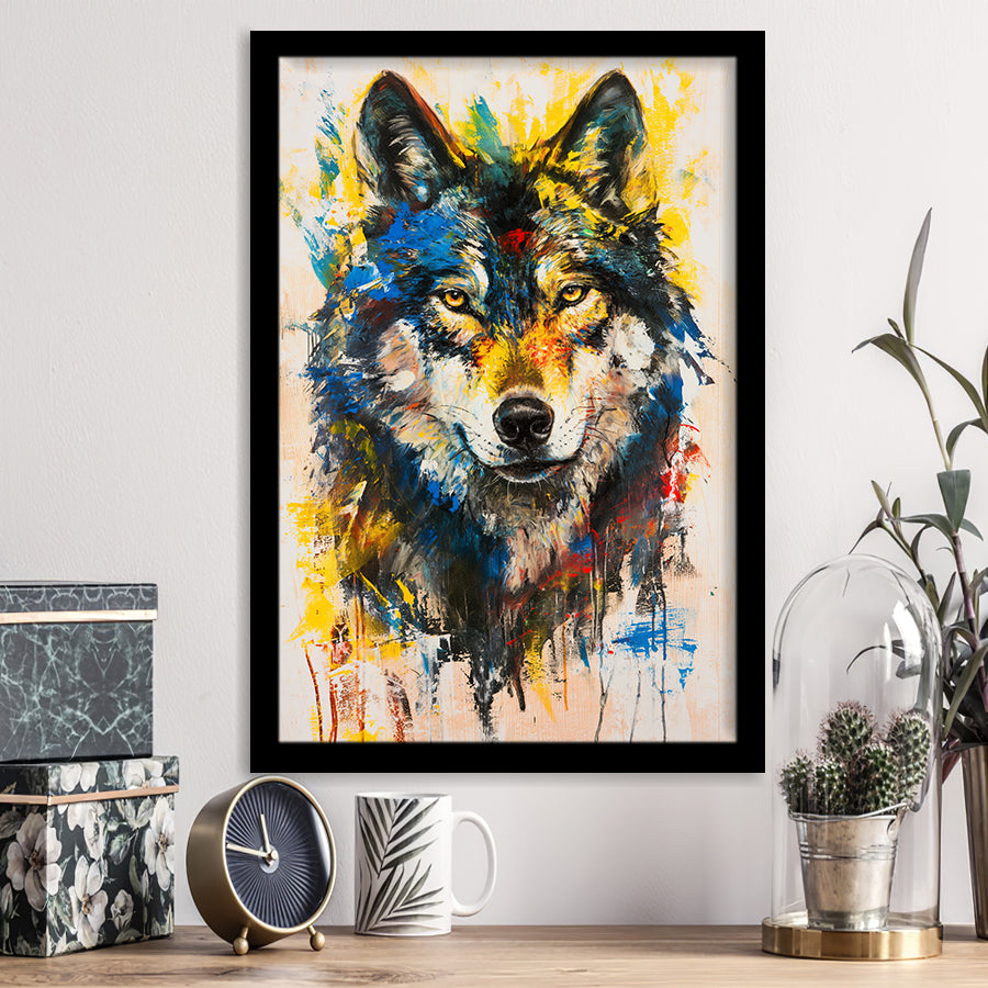 Wolf Painting Art Portrait Mixed Painting Color, Framed Art Prints Wall Decor, Picture Framed Painting