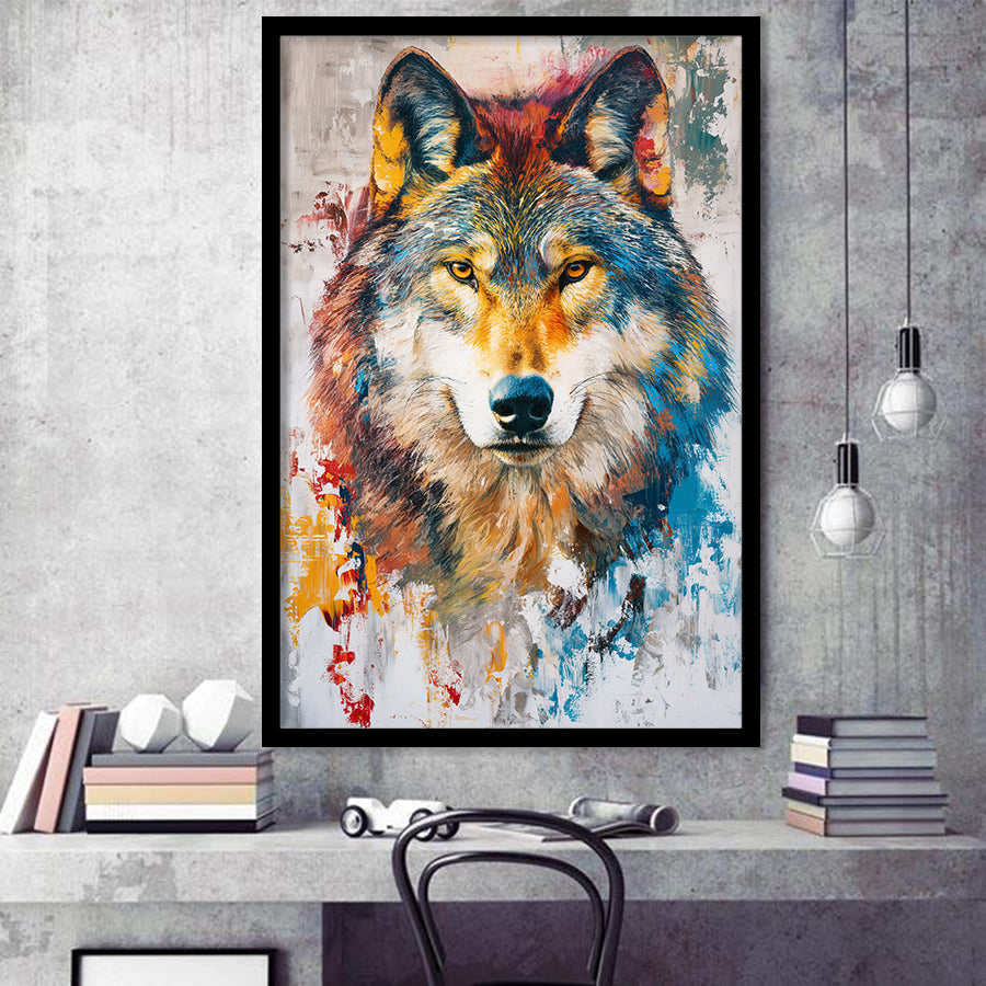 Wolf Painting Portrait Mixed Color Oil Painting, Framed Art Prints Wall Decor, Picture Framed Painting