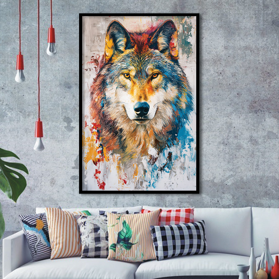 Wolf Painting Portrait Mixed Color Oil Painting, Framed Art Prints Wall Decor, Picture Framed Painting