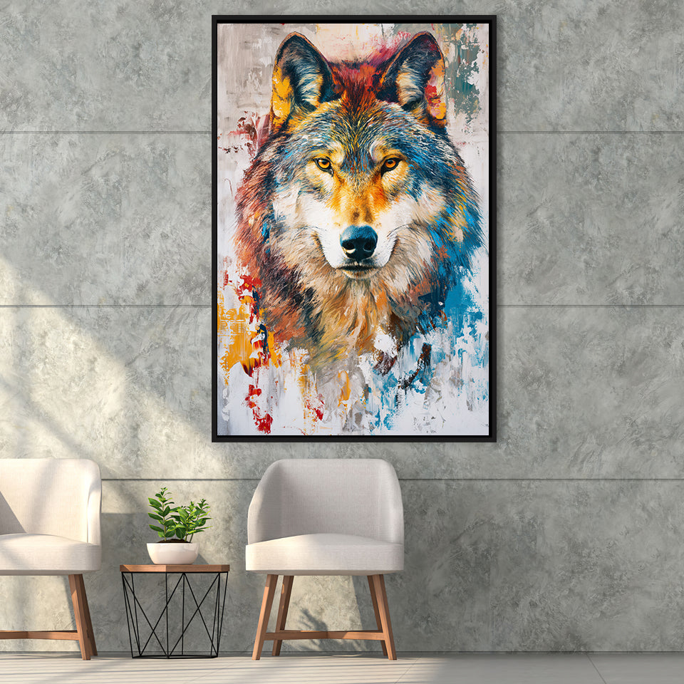 Wolf Painting Portrait Mixed Color Oil Painting, Framed Canvas Prints Wall Art Decor, Floarting Frame Painting Canvas Art