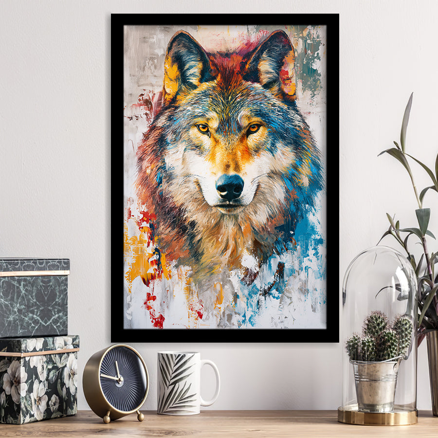 Wolf Painting Portrait Mixed Color Oil Painting, Framed Art Prints Wall Decor, Picture Framed Painting