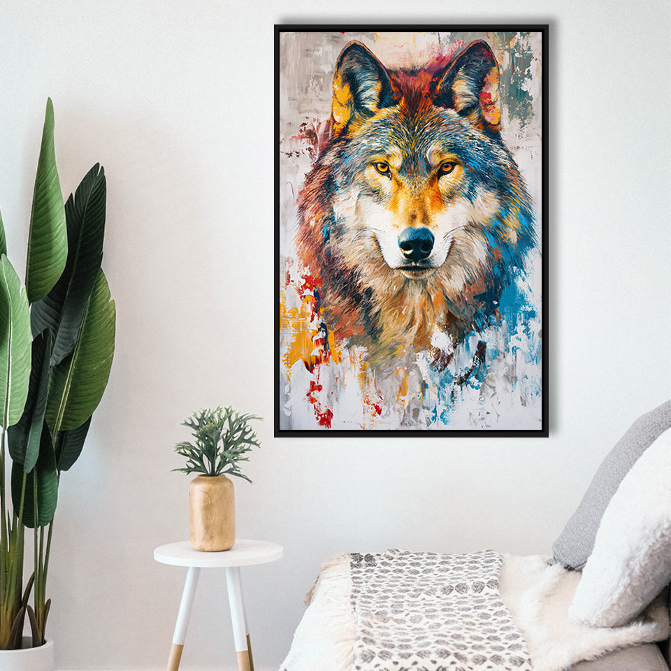 Wolf Painting Portrait Mixed Color Oil Painting, Framed Canvas Prints Wall Art Decor, Floarting Frame Painting Canvas Art