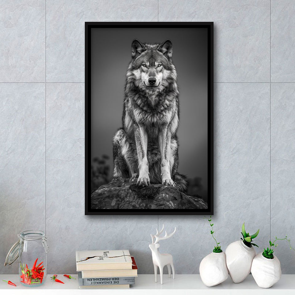 Wolf Portrait Black And White Art, Framed Canvas Prints Wall Art Decor, Floarting Frame Painting Canvas Art