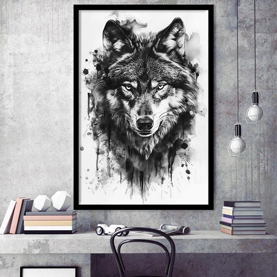 Wolf Portrait Black And White Ink Painting, Framed Art Prints Wall Decor, Picture Framed Painting