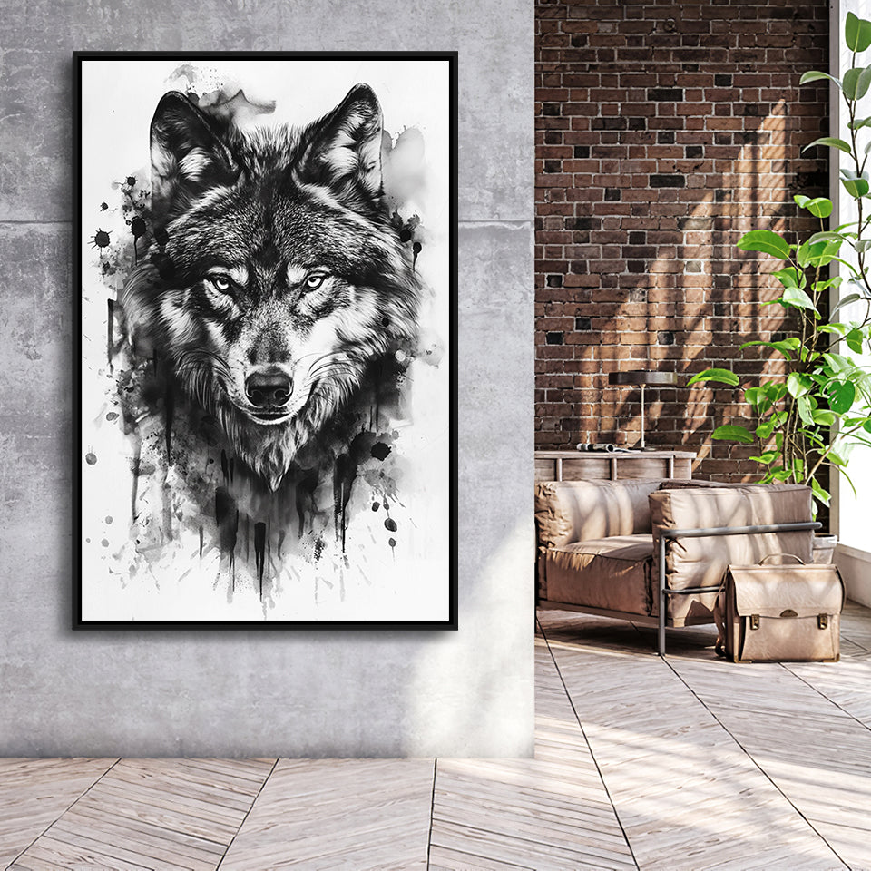 Wolf Portrait Black And White Ink Painting, Framed Canvas Prints Wall Art Decor, Floarting Frame Painting Canvas Art