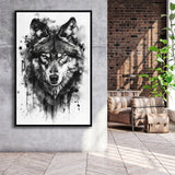 Wolf Portrait Black And White Ink Painting, Framed Canvas Prints Wall Art Decor, Floarting Frame Painting Canvas Art