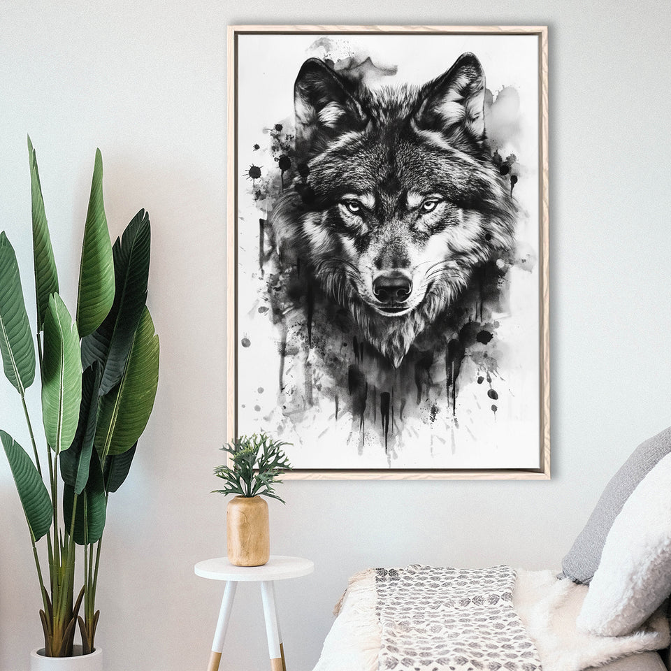 Wolf Portrait Black And White Ink Painting, Framed Canvas Prints Wall Art Decor, Floarting Frame Painting Canvas Art