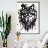 Wolf Portrait Black And White Ink Painting, Framed Canvas Prints Wall Art Decor, Floarting Frame Painting Canvas Art