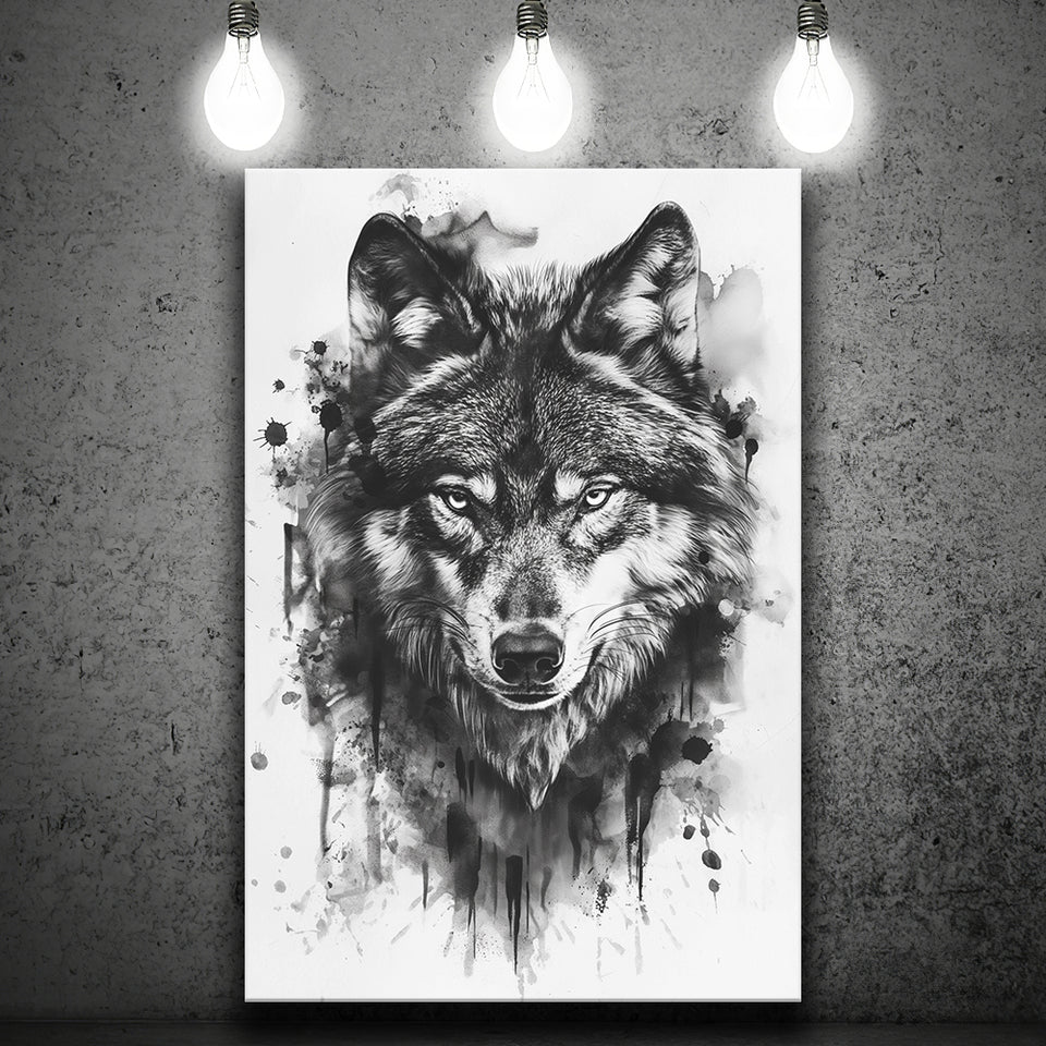 Wolf Portrait Black And White Ink Painting, Canvas Prints Wall Art Home Decor, Painting Canvas Art