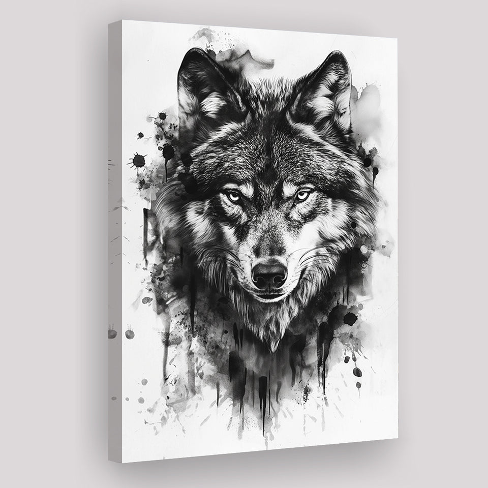 Wolf Portrait Black And White Ink Painting, Canvas Prints Wall Art Home Decor, Painting Canvas Art