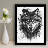 Wolf Portrait Black And White Ink Painting, Framed Art Prints Wall Decor, Picture Framed Painting