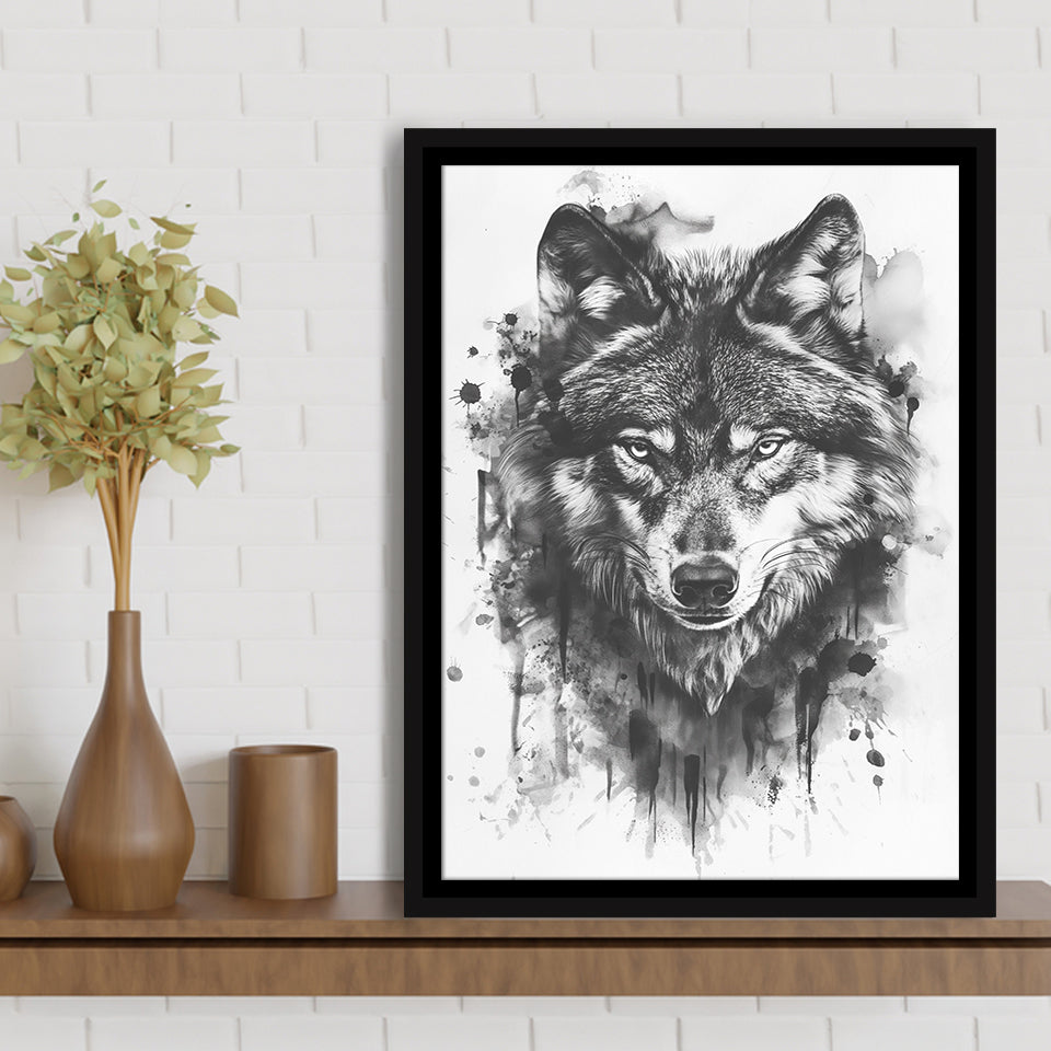 Wolf Portrait Black And White Ink Painting, Framed Canvas Prints Wall Art Decor, Floarting Frame Painting Canvas Art