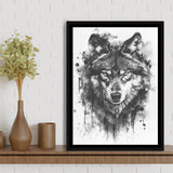 Wolf Portrait Black And White Ink Painting, Framed Canvas Prints Wall Art Decor, Floarting Frame Painting Canvas Art