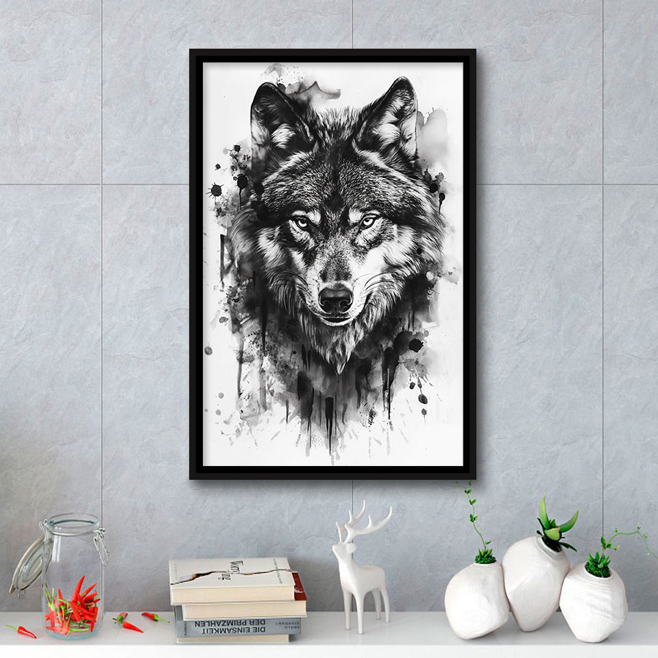Wolf Portrait Black And White Ink Painting, Framed Canvas Prints Wall Art Decor, Floarting Frame Painting Canvas Art