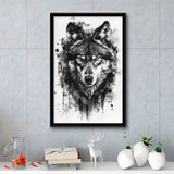 Wolf Portrait Black And White Ink Painting, Framed Canvas Prints Wall Art Decor, Floarting Frame Painting Canvas Art