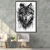 Wolf Portrait Black And White Ink Painting, Framed Canvas Prints Wall Art Decor, Floarting Frame Painting Canvas Art