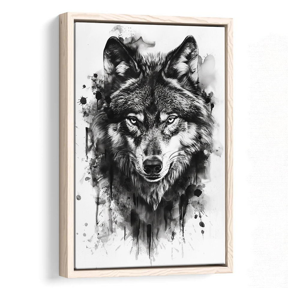 Wolf Portrait Black And White Ink Painting, Framed Canvas Prints Wall Art Decor, Floarting Frame Painting Canvas Art