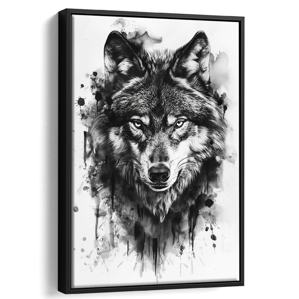 Wolf Portrait Black And White Ink Painting, Framed Canvas Prints Wall Art Decor, Floarting Frame Painting Canvas Art