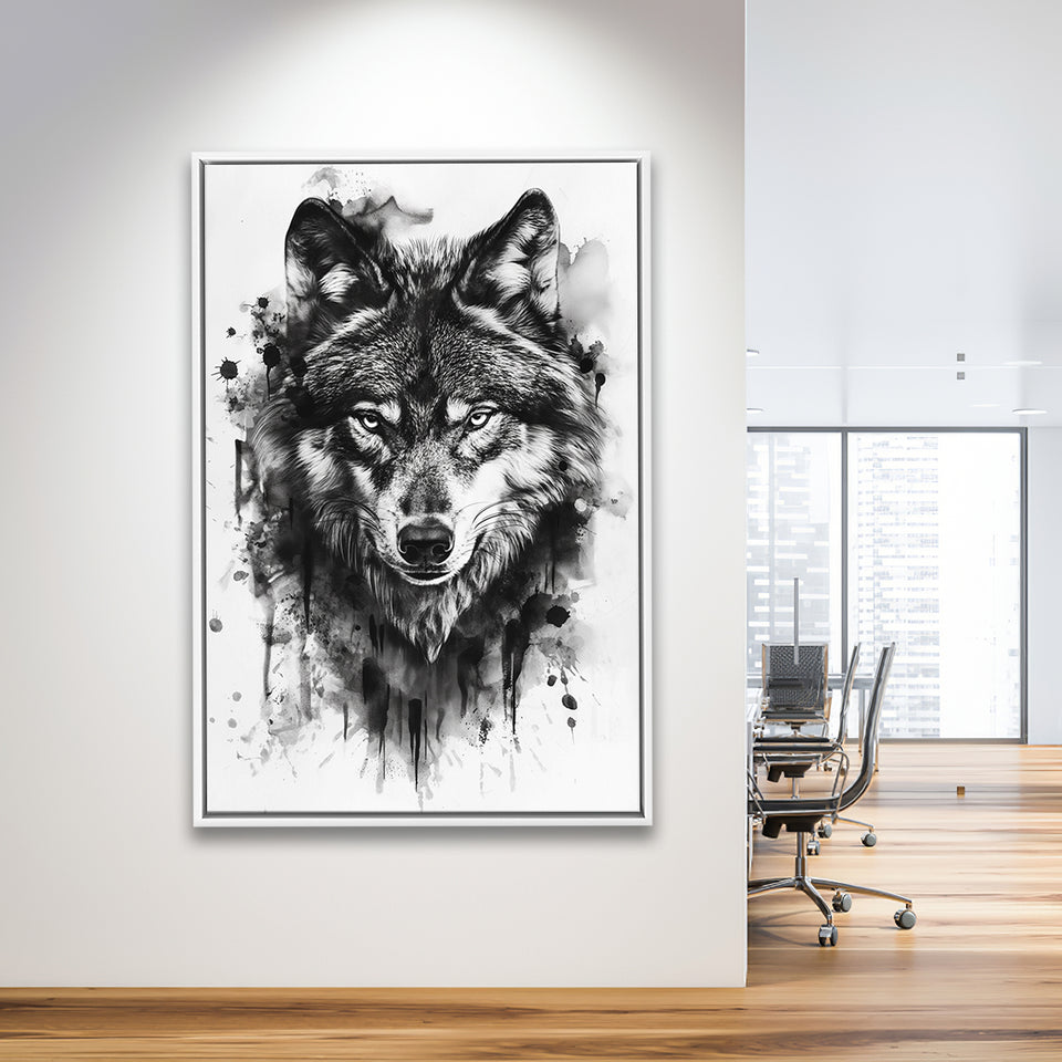 Wolf Portrait Black And White Ink Painting, Framed Canvas Prints Wall Art Decor, Floarting Frame Painting Canvas Art