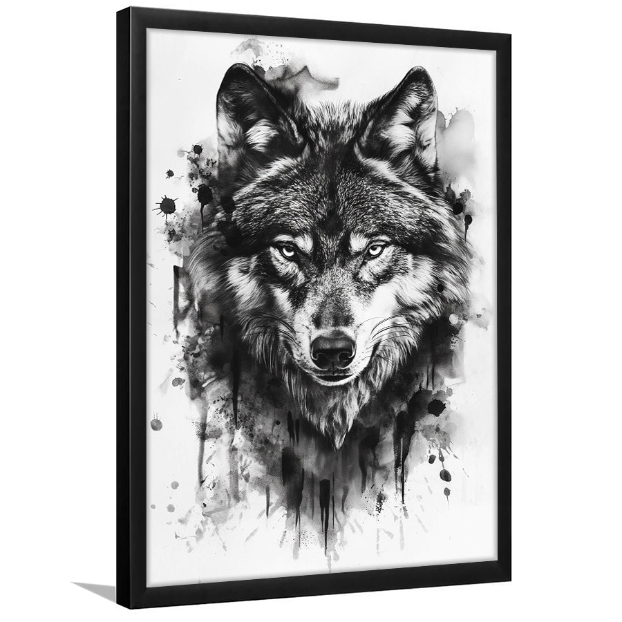 Wolf Portrait Black And White Ink Painting, Framed Art Prints Wall Decor, Picture Framed Painting