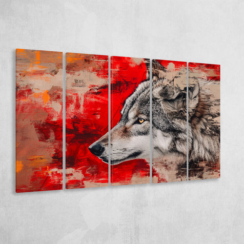 Wolf Portrait Red Background, Mixed 5 Panel B Canvas Print Wall Art Decor, Extra Large Painting Canvas