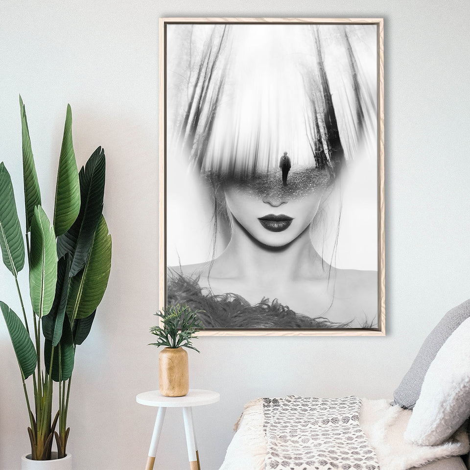 Mystical Woman Abstract Black And White, Framed Canvas Prints Wall Art Home Decor,Floating Frame, Ready to Hang