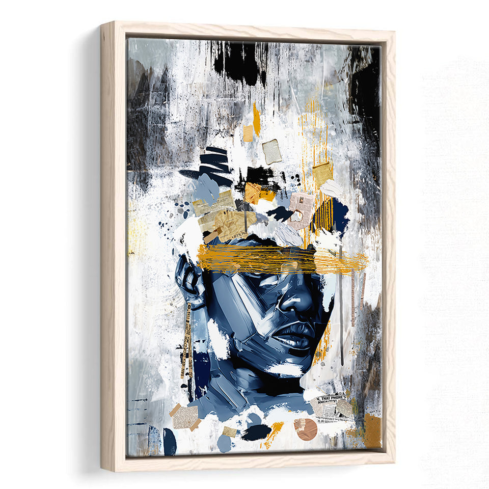 Potrait Abstract Face, African American Blue And Grey Art, Framed Canvas Prints Wall Art Decor, Floating Frame