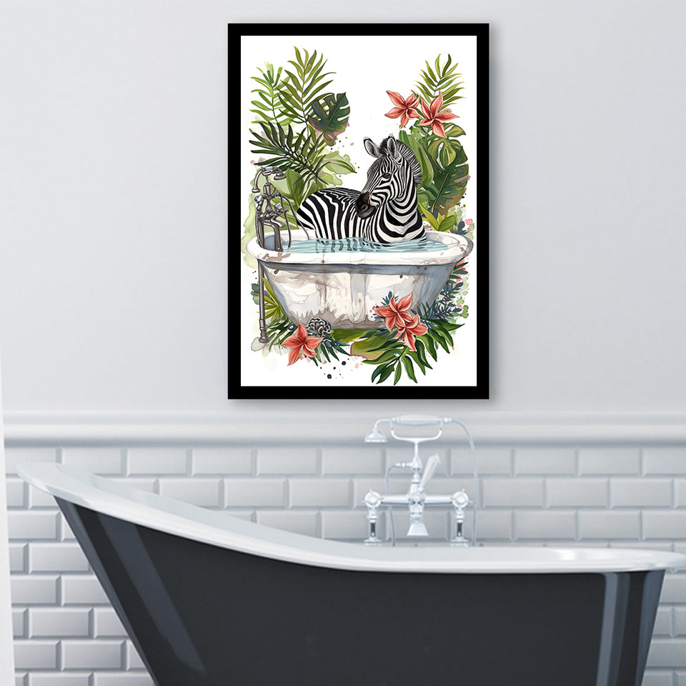 Zebra In Bathtub Bathroom Decor Print Funny Animal Art Framed Art Print Wall Decor, Bathroom Framed Art Decor