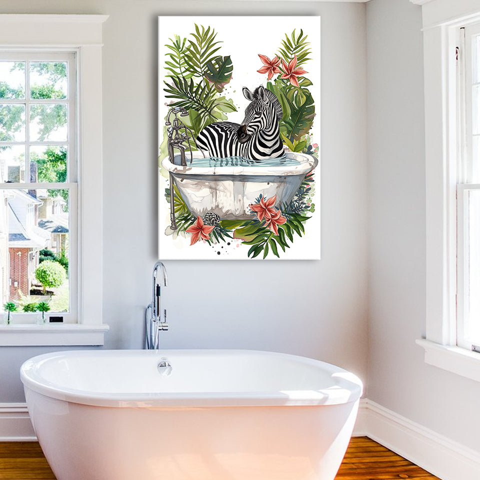 Zebra In Bathtub Bathroom Decor Print Funny Animal Art Canvas Prints Wall Art, Bathroom Art Decor,