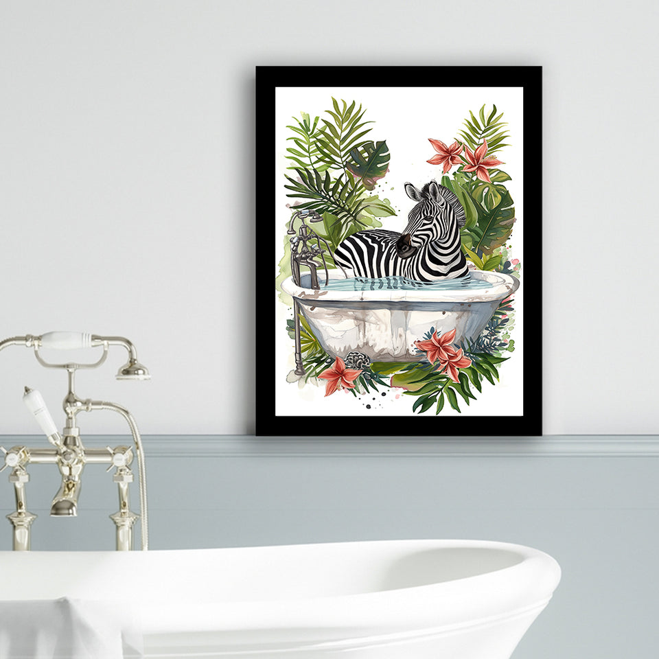 Zebra In Bathtub Bathroom Decor Print Funny Animal Art Framed Art Print Wall Decor, Bathroom Framed Art Decor