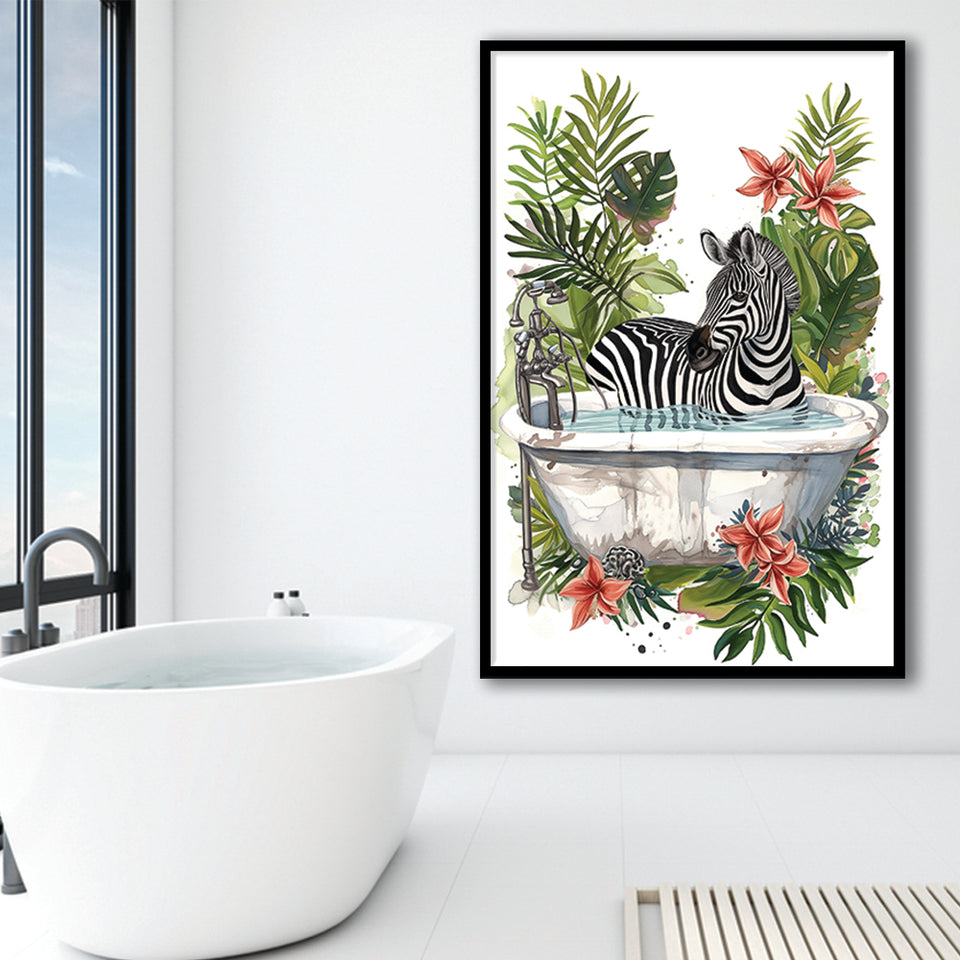 Zebra In Bathtub Bathroom Decor Print Funny Animal Art Framed Art Print Wall Decor, Bathroom Framed Art Decor
