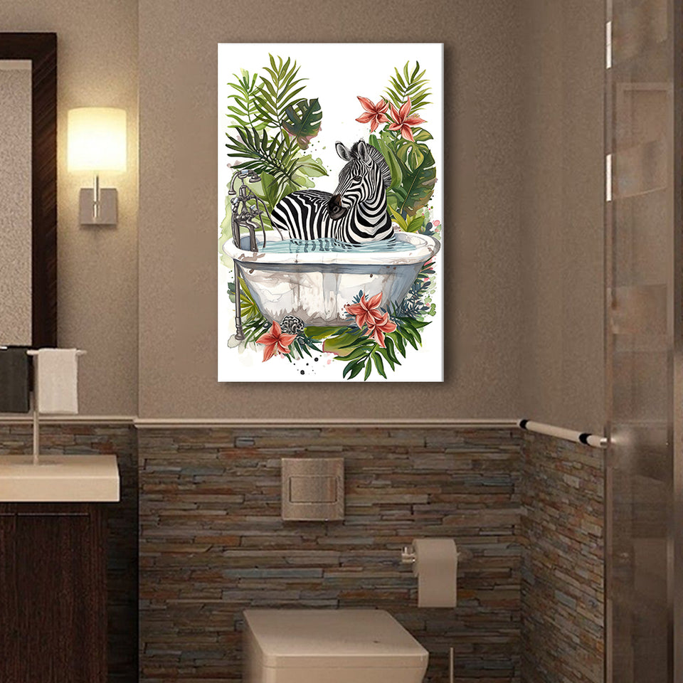 Zebra In Bathtub Bathroom Decor Print Funny Animal Art Canvas Prints Wall Art, Bathroom Art Decor,