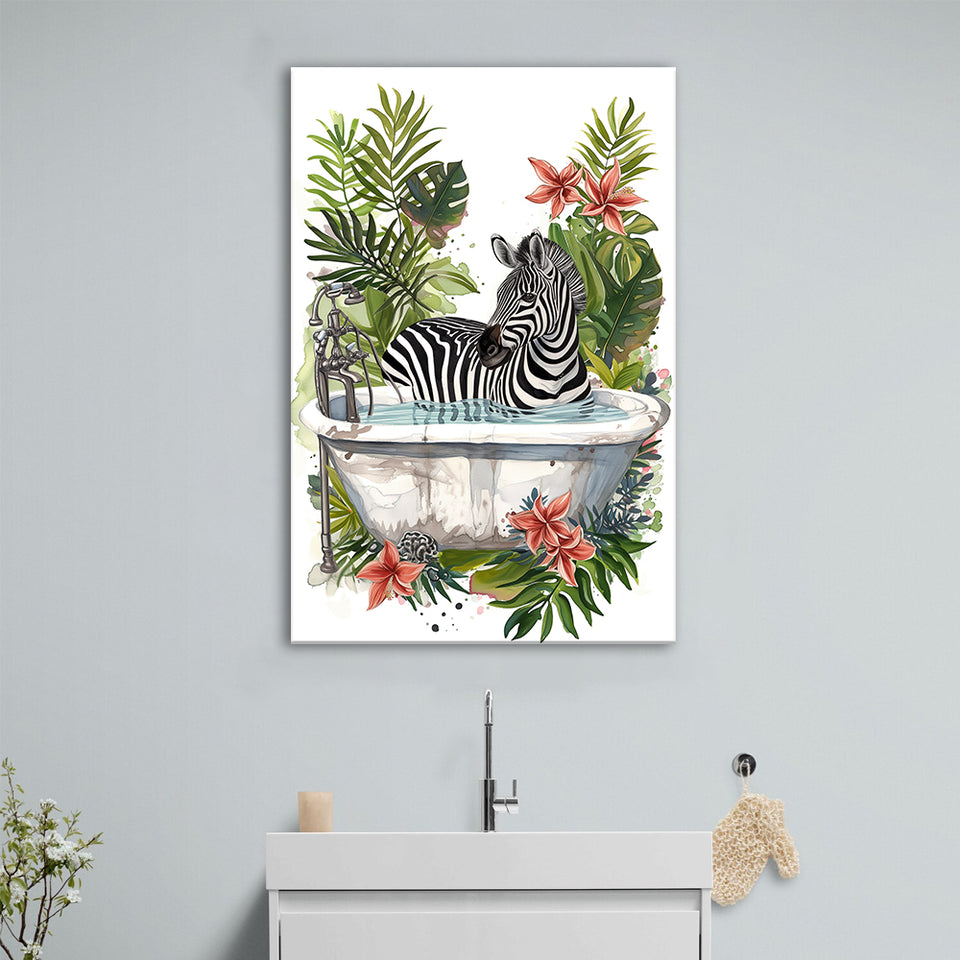 Zebra In Bathtub Bathroom Decor Print Funny Animal Art Canvas Prints Wall Art, Bathroom Art Decor,
