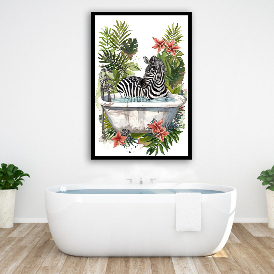 Zebra In Bathtub Bathroom Decor Print Funny Animal Art Framed Art Print Wall Decor, Bathroom Framed Art Decor