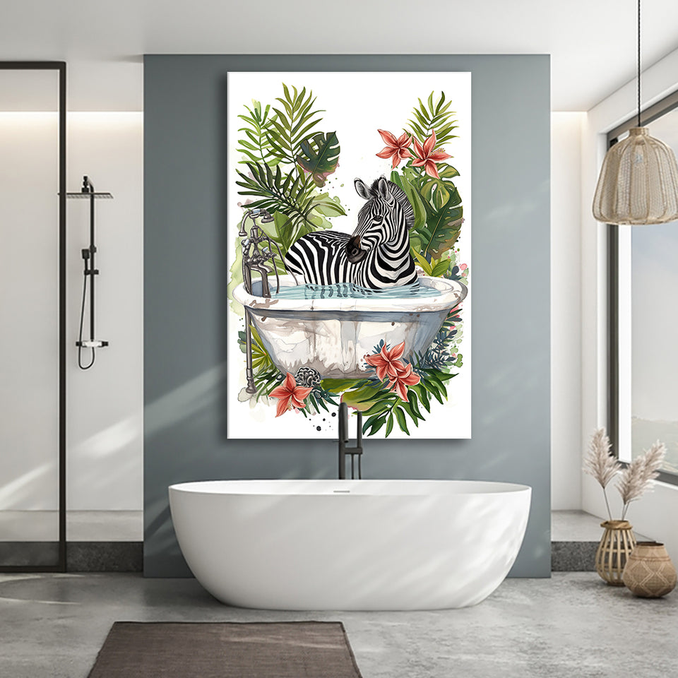 Zebra In Bathtub Bathroom Decor Print Funny Animal Art Canvas Prints Wall Art, Bathroom Art Decor,
