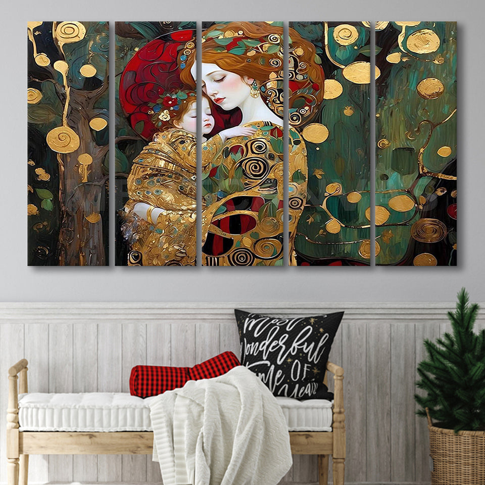 Mother And Child Art,Klimt Mother And Child,Gustav Klimt Art, Extra Large Multi 5 Panel Canvas Print Wall Art Decor