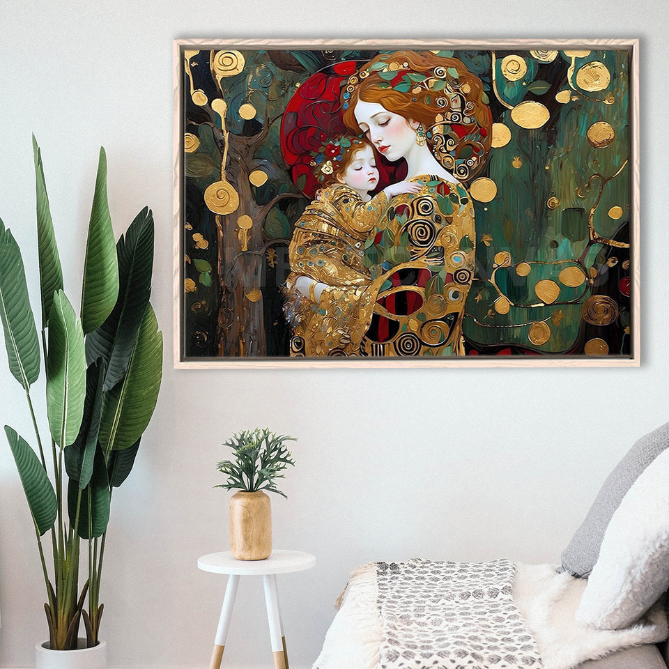 Mother And Child Art,Klimt Mother And Child,Gustav Klimt Art, Framed Canvas Print Wall Art Decor,Floating Frame
