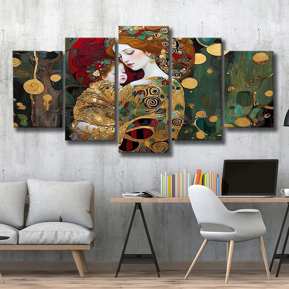 Mother And Child Art,Klimt Mother And Child,Gustav Klimt Art, Multi Panel Canvas Print Wall Art Decor, 5 Mixed Panel