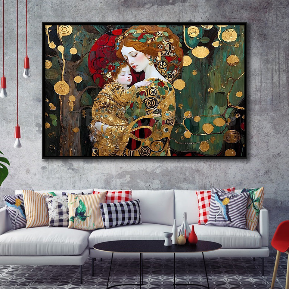 Mother And Child Art,Klimt Mother And Child,Gustav Klimt Art, Framed Canvas Print Wall Art Decor,Floating Frame