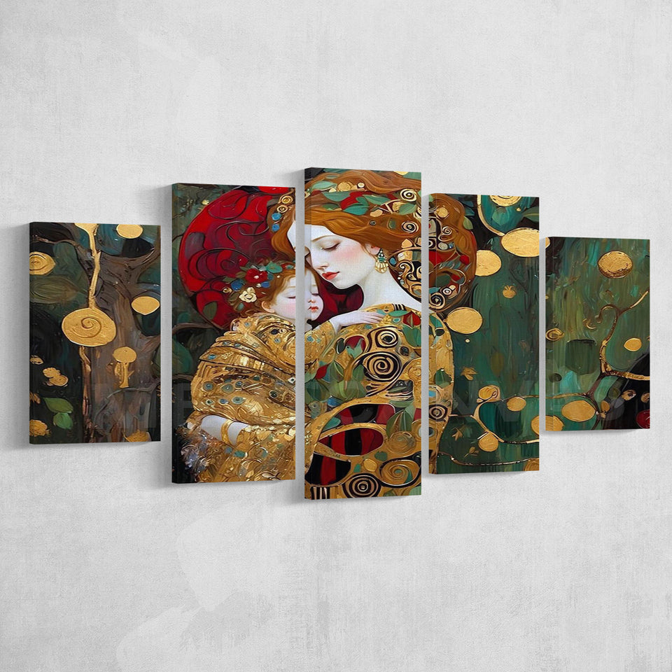Mother And Child Art,Klimt Mother And Child,Gustav Klimt Art, Multi Panel Canvas Print Wall Art Decor, 5 Mixed Panel